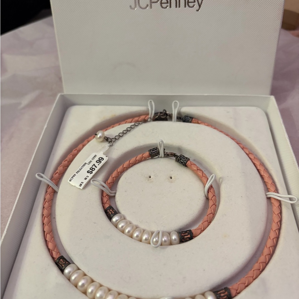 jcpenney Pink Braided Leather Necklace and Bracelet Set with Pearls